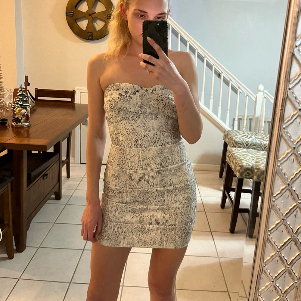 Strapless snake print mini dress